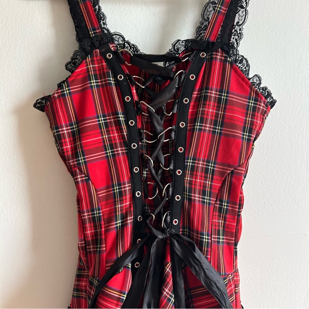 Hearts And Roses Sz 10 Harley Tartan Plaid Lace Emo Goth Mini Dress - Picture 4 of 12